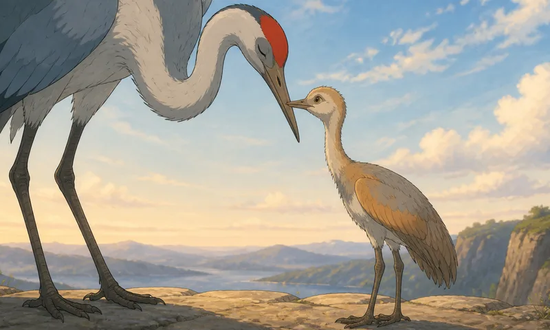 A huge grey crane bowing her head to a small tawny chick on a mountain ledge