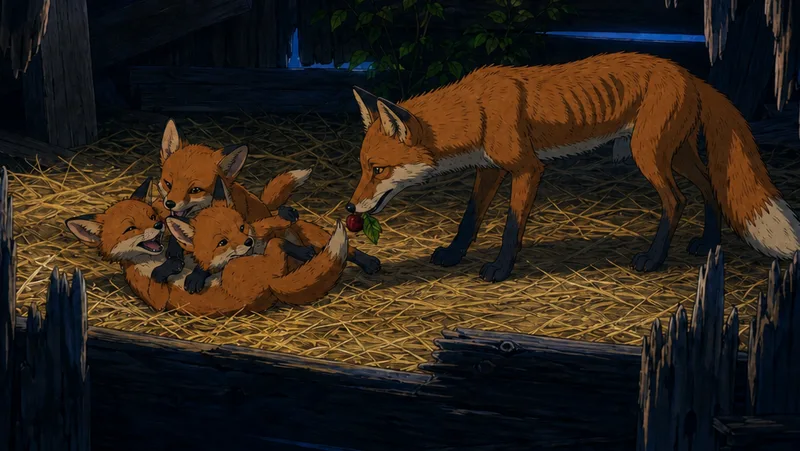 A thin mother fox bringing a strawberry to her three kits in the straw