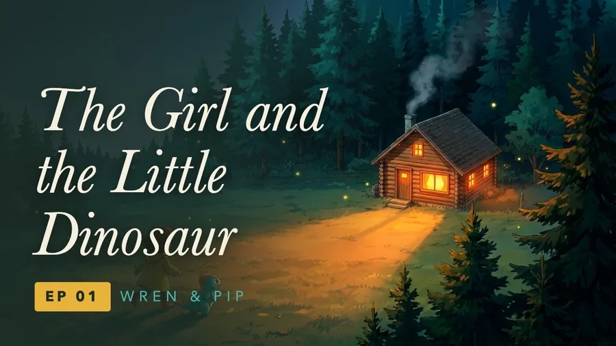 Wren offering her open palm to a small frightened dinosaur in a sunlit hollow