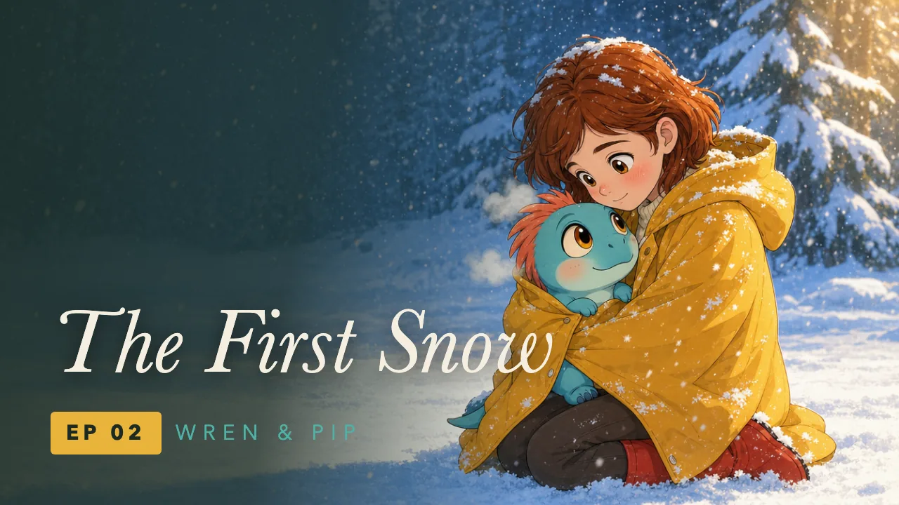 Wren kneeling in falling snow, holding Pip wrapped in her mustard-yellow raincoat