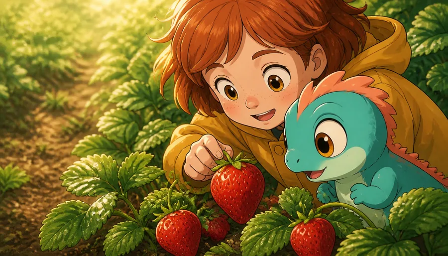 Wren and Pip discovering ripe strawberries in the garden