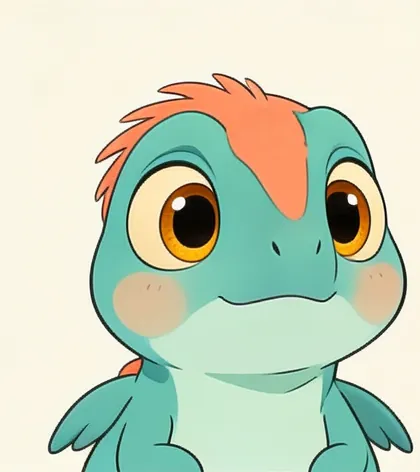 Pip, a very small teal dinosaur with a coral crest and big amber eyes
