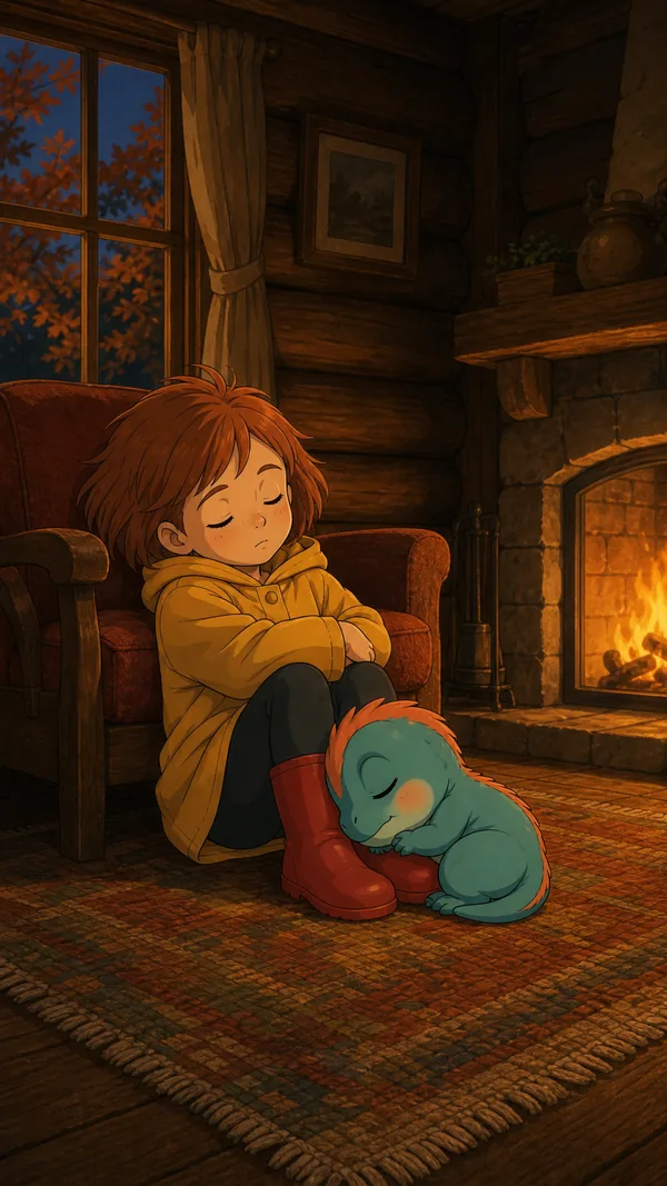 Wren and Pip asleep by the fireplace on an autumn evening