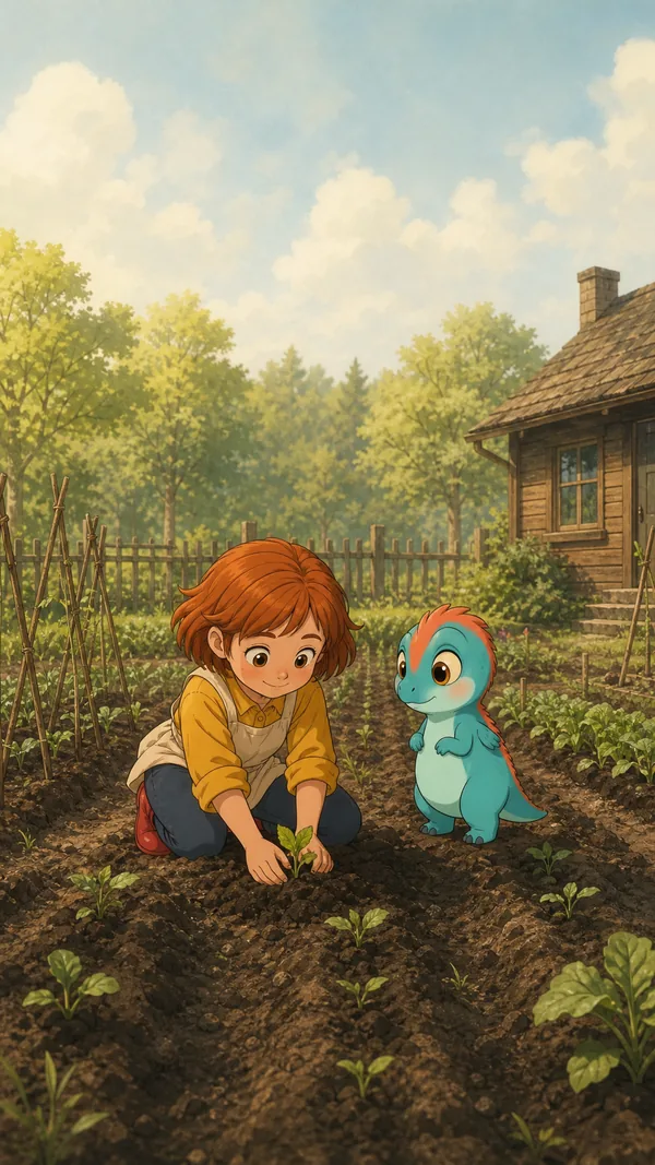 Wren and Pip planting seedlings in the spring garden
