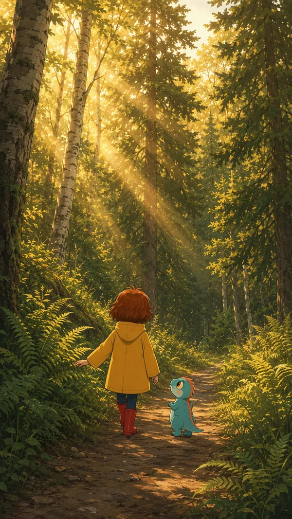 Wren and Pip walking into a sunlit summer forest
