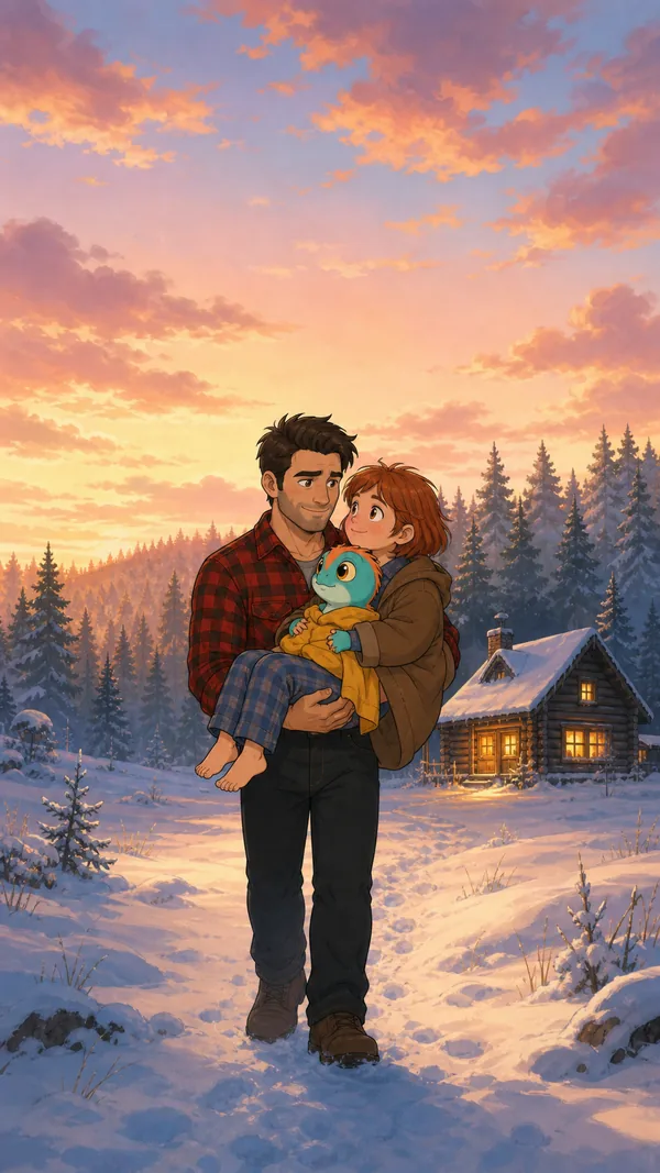 Wren's father carrying her and Pip home through the winter dawn