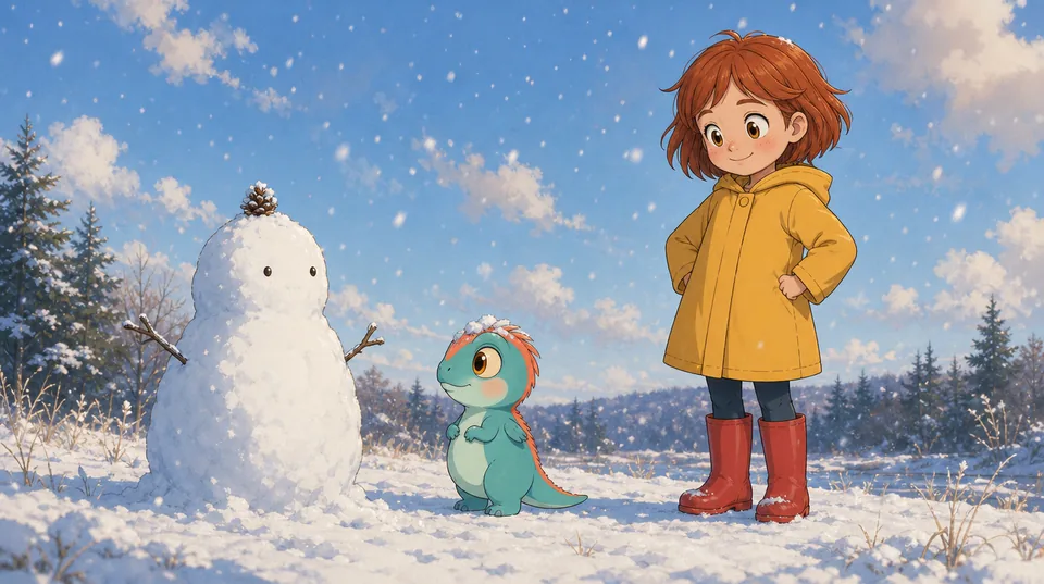 Pip standing proudly beside his first snowman while Wren watches