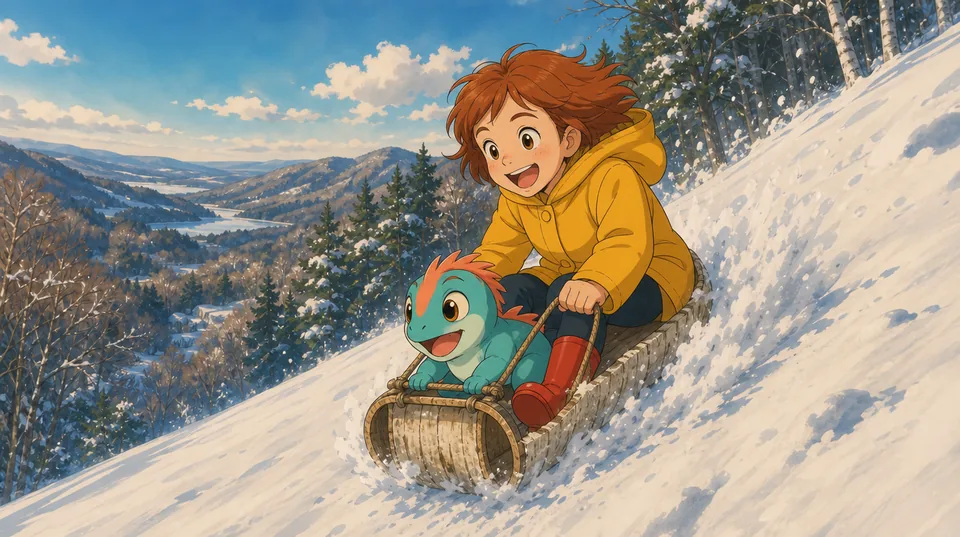 Wren and Pip racing downhill on a wooden sled through bright snow