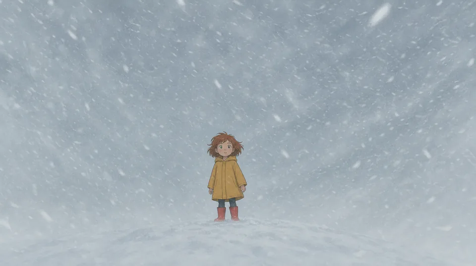 Wren standing small in a whiteout of falling snow