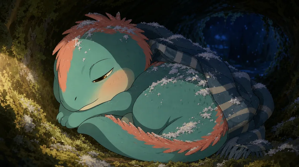 Pip curled up asleep in his den, wrapped in a striped scarf dusted with snow