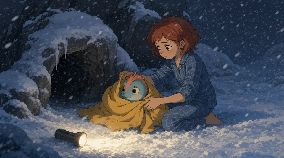 Wren in her pyjamas kneeling in the snow at night, wrapping Pip in her mustard raincoat