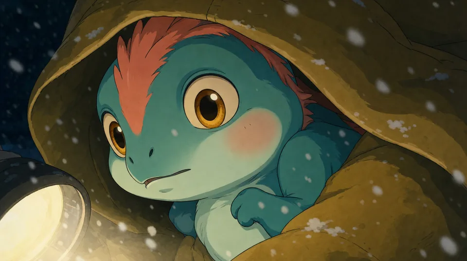 Pip's face peeking from the hood of the yellow raincoat in lantern light