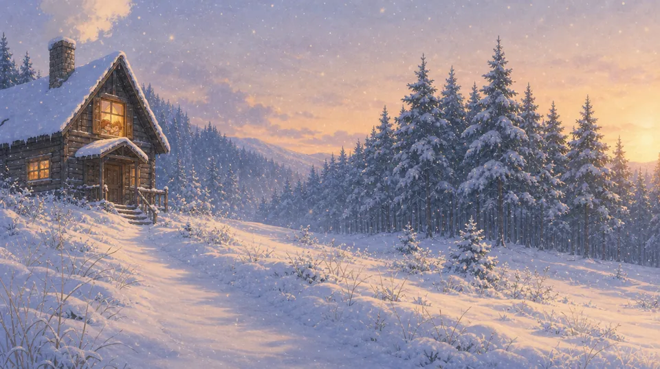 The homestead cabin at dawn, chimney smoking, snow turning pink in the morning light