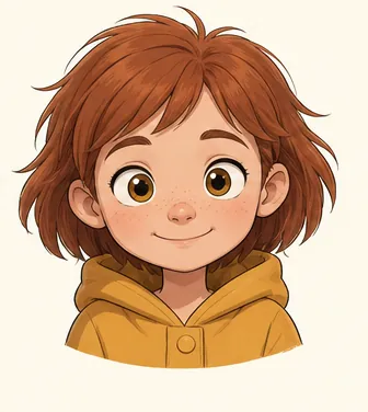 Wren, a nine-year-old girl with a messy auburn bob and a mustard-yellow raincoat